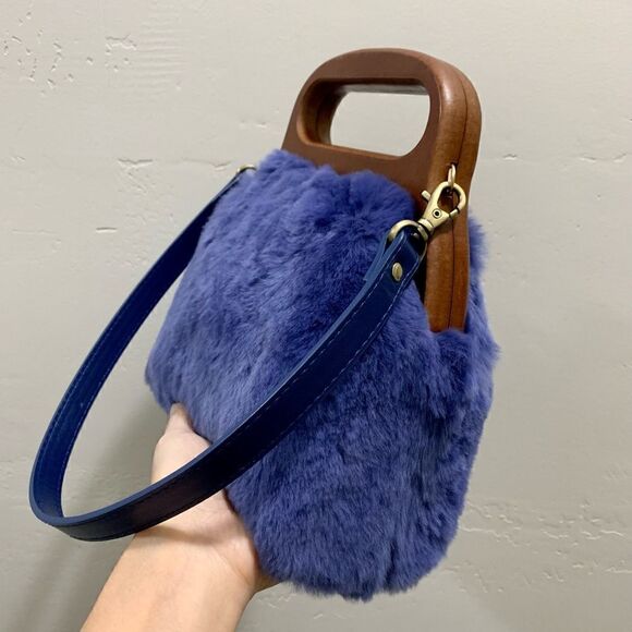 Handmade Real Rex Rabbit Fur Wooden Frame Top Handle Bag/Crossbody & 2 Straps - Picture 10 of 14